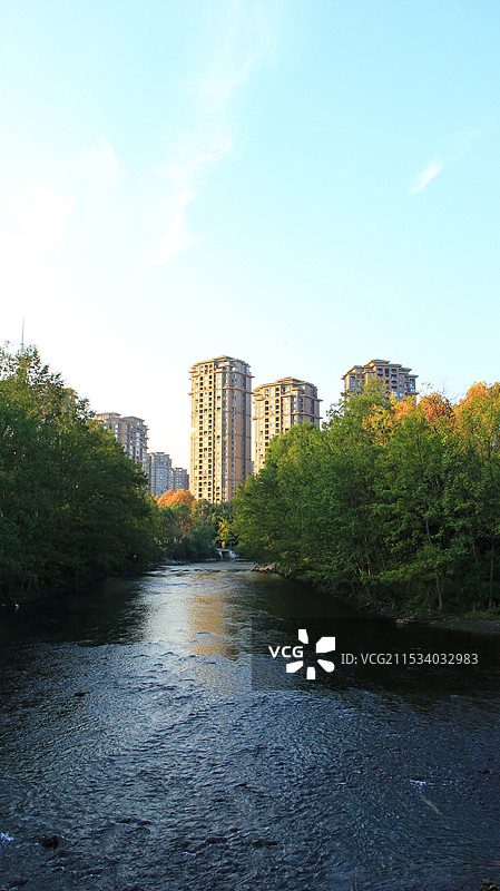 冬日暖阳下的成都温江区江安河建筑风光图片素材