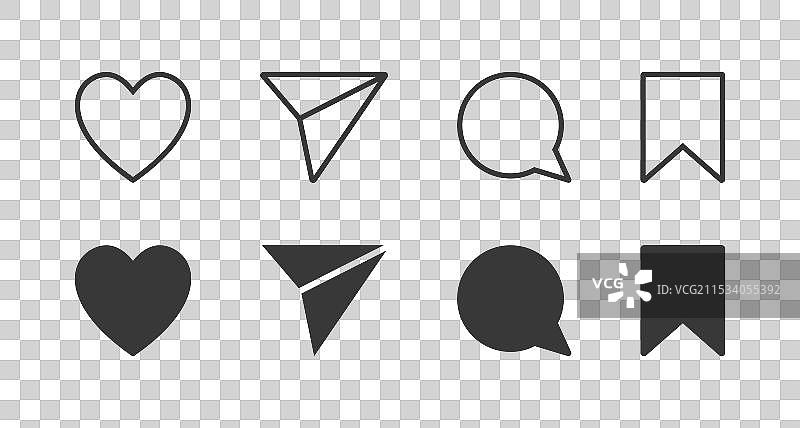 喜欢、分享、评论和保存按钮的实心线条图标图片素材