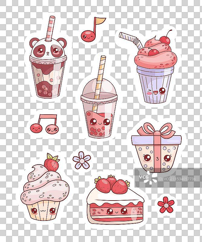 可爱甜美的食物和饮料贴纸角色图片素材