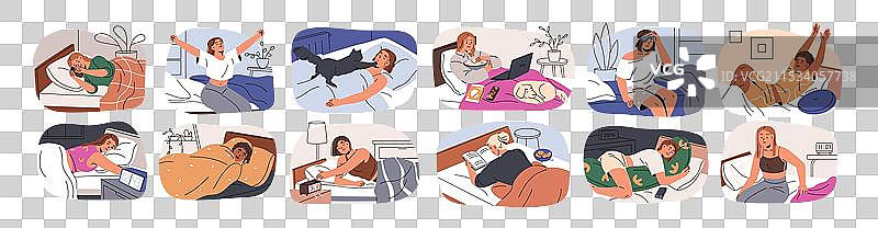 女人在床上睡觉，手里拿着手机。图片素材