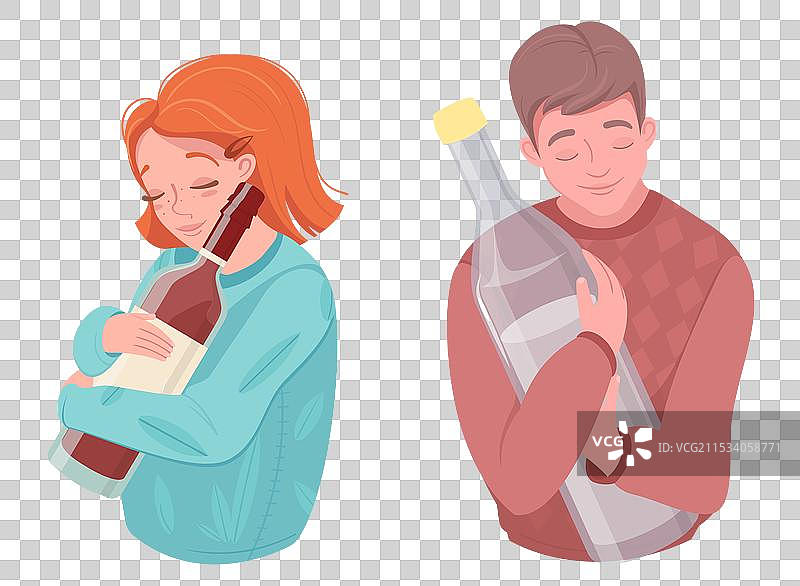 醉酒男女卡通角色拥抱图片素材