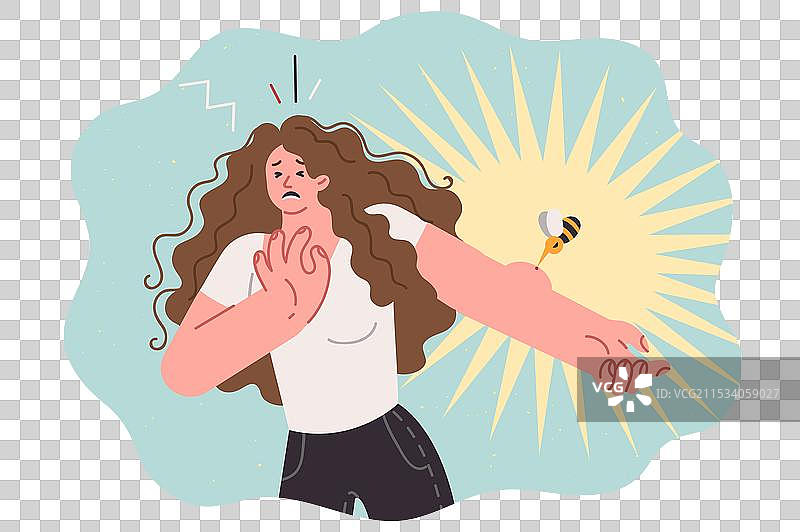 蜜蜂叮咬女人的手，刺入她的皮肤。图片素材