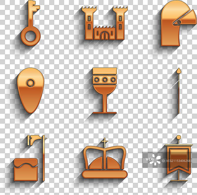 中世纪的酒杯、国王的皇冠、旗帜和长矛图片素材