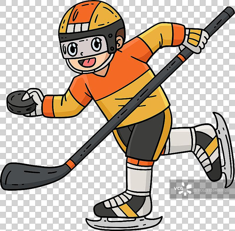 冰球运动员、冰球棒和冰球剪贴画图片素材