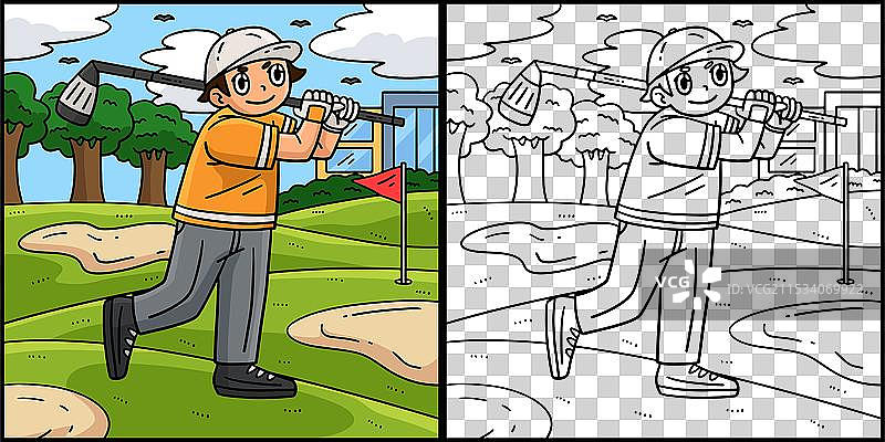 高尔夫球手击球的涂色图图片素材