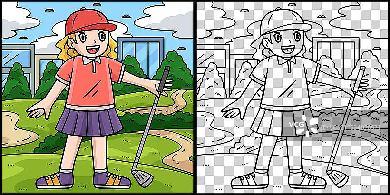 女性高尔夫球手与球杆的涂色图案图片素材