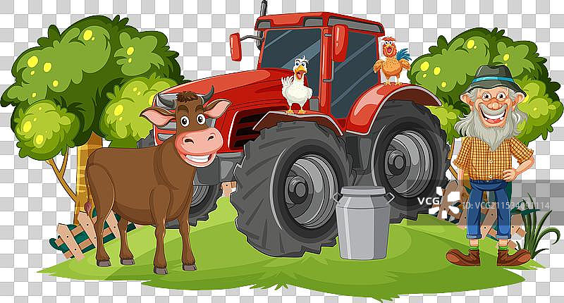 阳光明媚的日子里，卡通农夫、牛和鸡图片素材