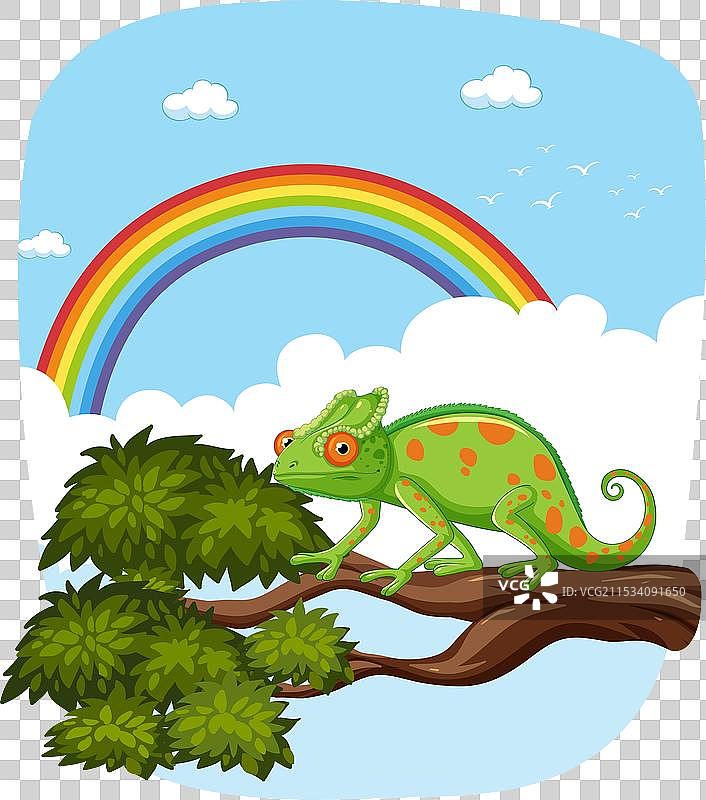 五彩斑斓的变色龙栖息在树枝上，像彩虹一样。图片素材