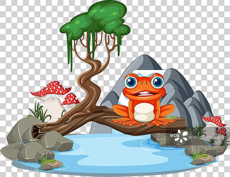 五彩斑斓的青蛙坐在水边的树下图片素材