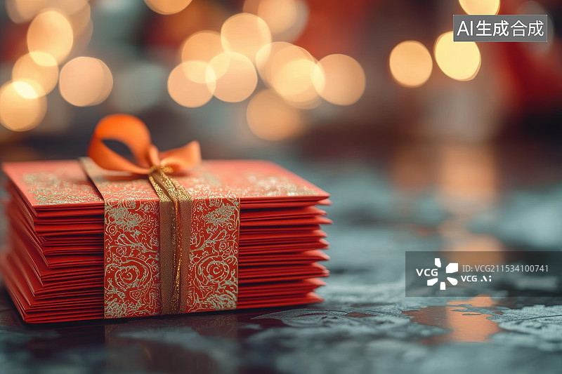 【AI数字艺术】红色红包与金色丝带.图片素材