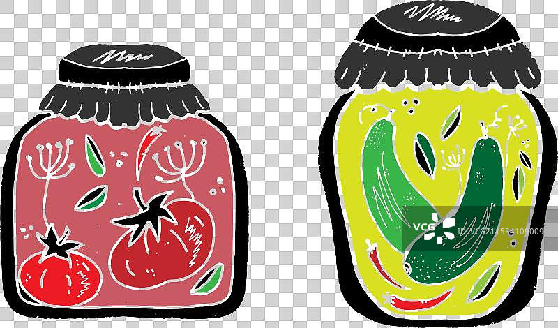 黄瓜和西红柿的木刻风格罐子图片素材