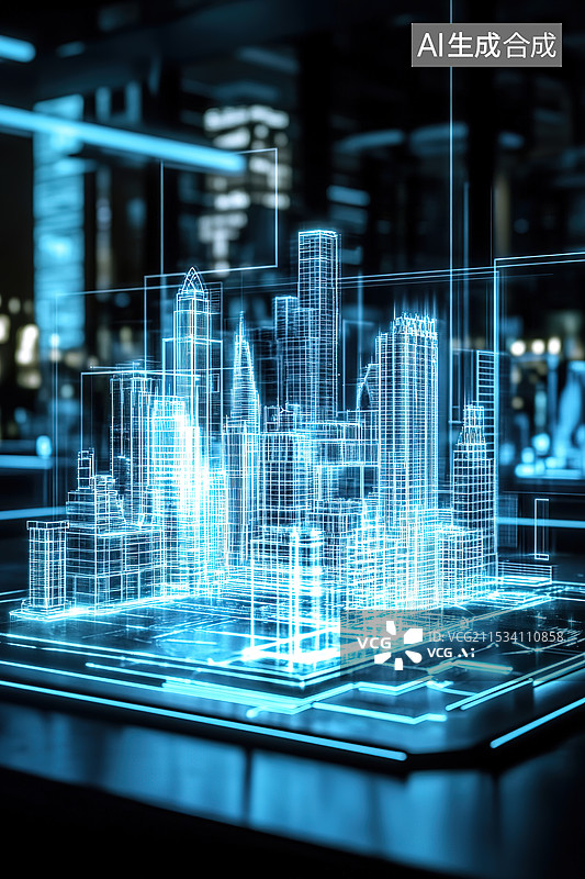 【AI数字艺术】AR设备展示城市高楼建筑全息图科技风插画图片素材