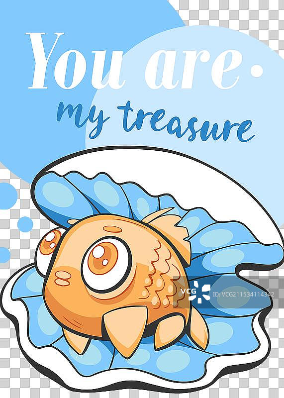 明信片上的贝壳，配有可爱的鱼和字母。图片素材