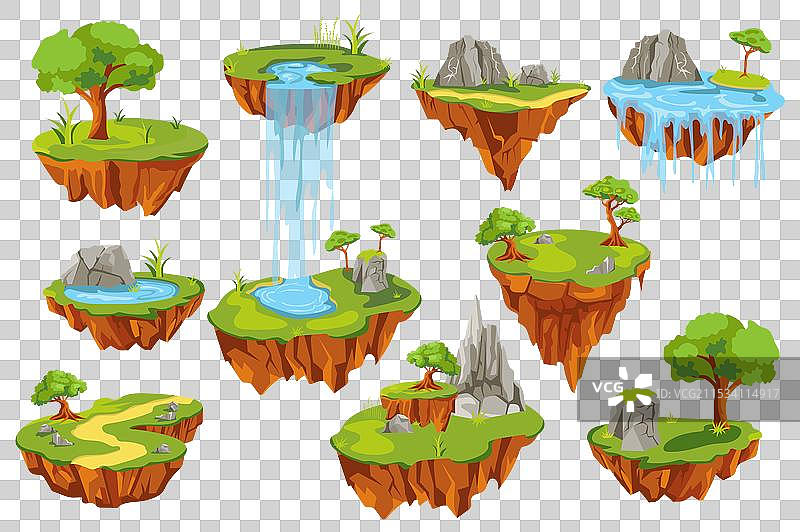 飞行的地面岛屿元素集平面图形图片素材