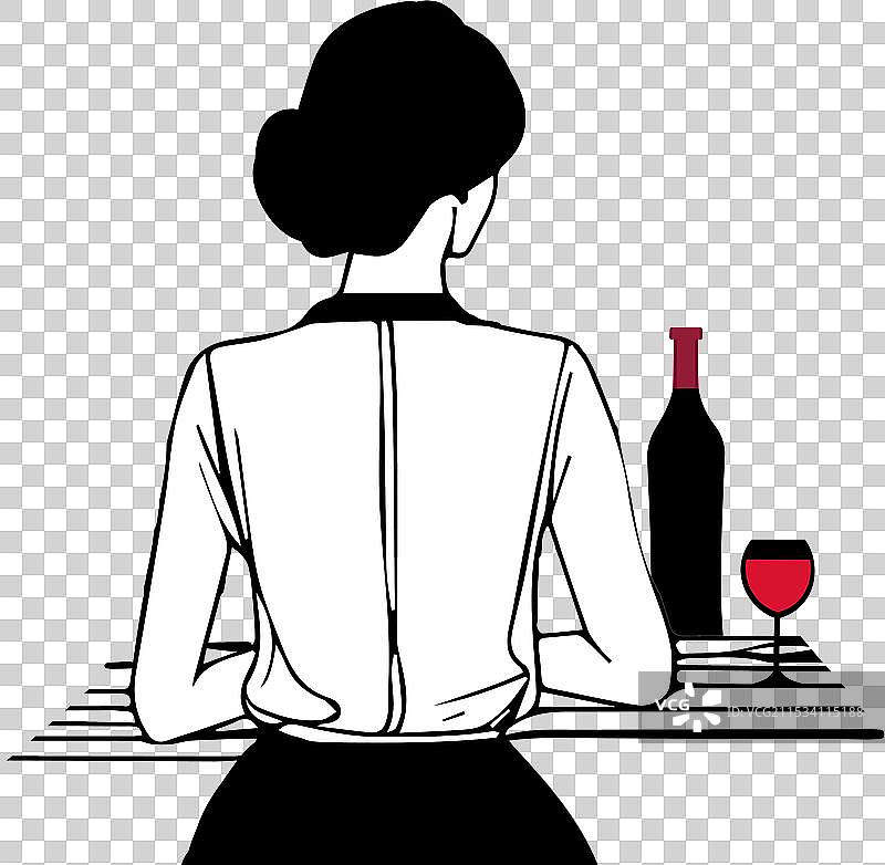 线条艺术风格的法国女性饮用红酒图片素材