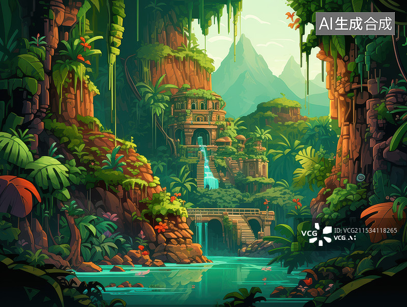 【AI数字艺术】神秘丛林的遗迹之门，远古文明的绿色守护图片素材
