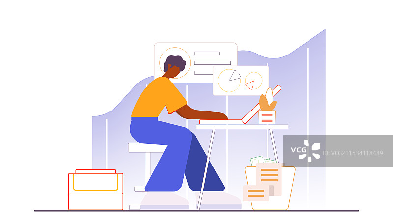 在办公室电脑前工作看数据的男人扁平矢量风格插画图片素材