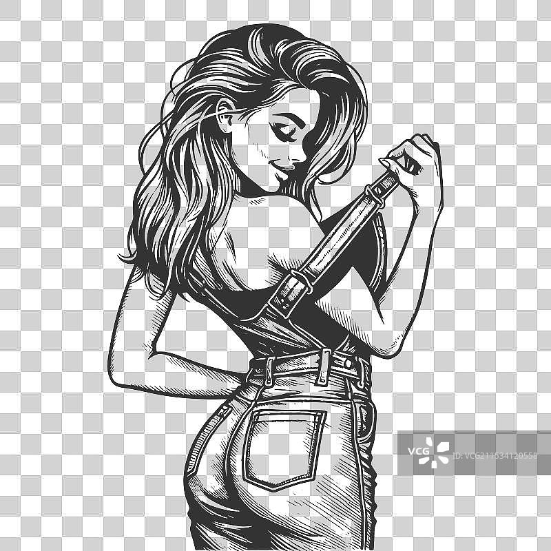 调皮的女人穿着工装裤，正在解开一条肩带。图片素材