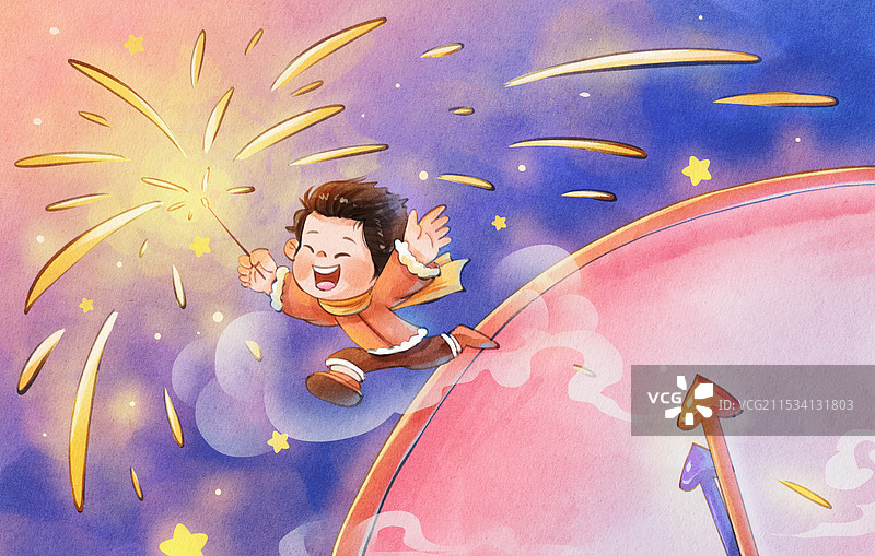 手绘水彩跨年男孩手拿烟花时钟通用跨年插画图片素材