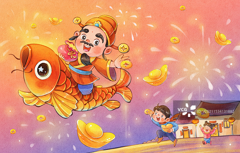 手绘水彩之财神坐在锦鲤上撒钱了可爱治愈插画图片素材