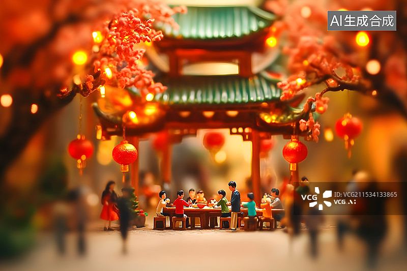 【AI数字艺术】微缩景观中国风春节团圆饭图片素材
