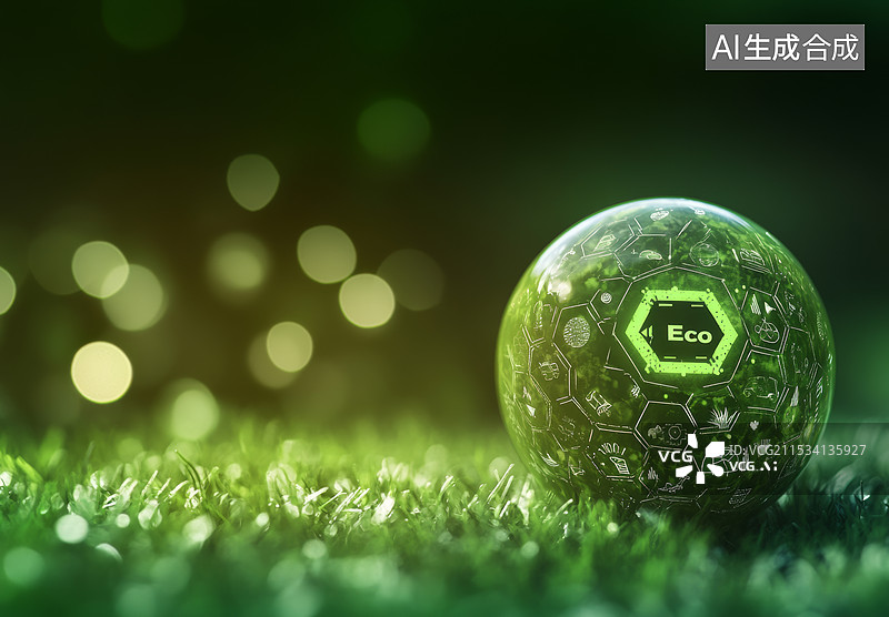 【AI数字艺术】一个生态环保的主题，画面中有一个透明的玻璃球，球内充满了绿色的植物和露珠，球体上写着“Eco”字样图片素材