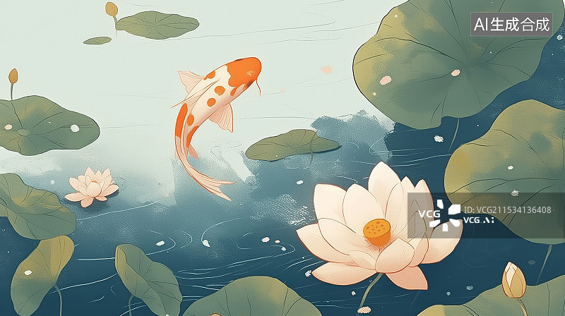【AI数字艺术】锦鲤在荷花池的高角度视图图片素材