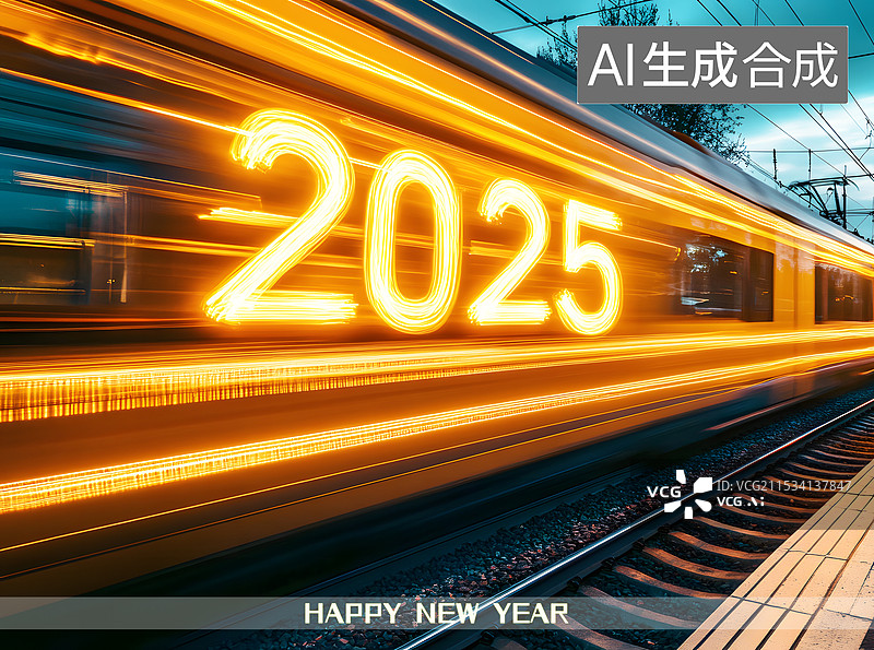 【AI数字艺术】AIGC：2025向我们驶来，火车运动模糊，灯光 元旦新年海报背景图片素材