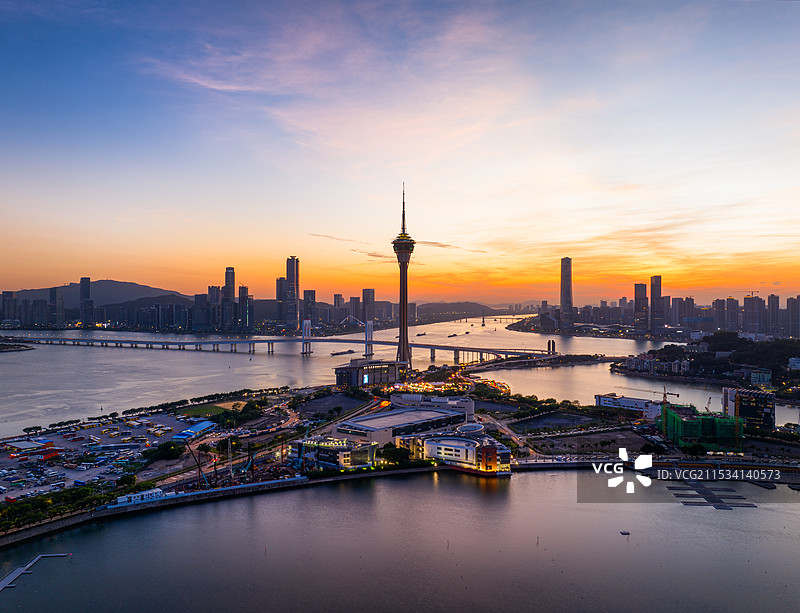 航拍澳门旅游塔澳门塔日落图片素材