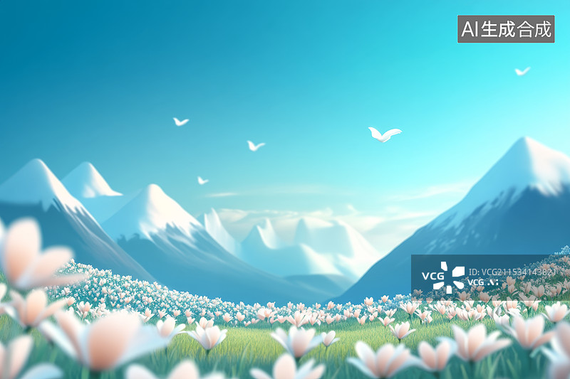 【AI数字艺术】雪山下的花朵图片素材