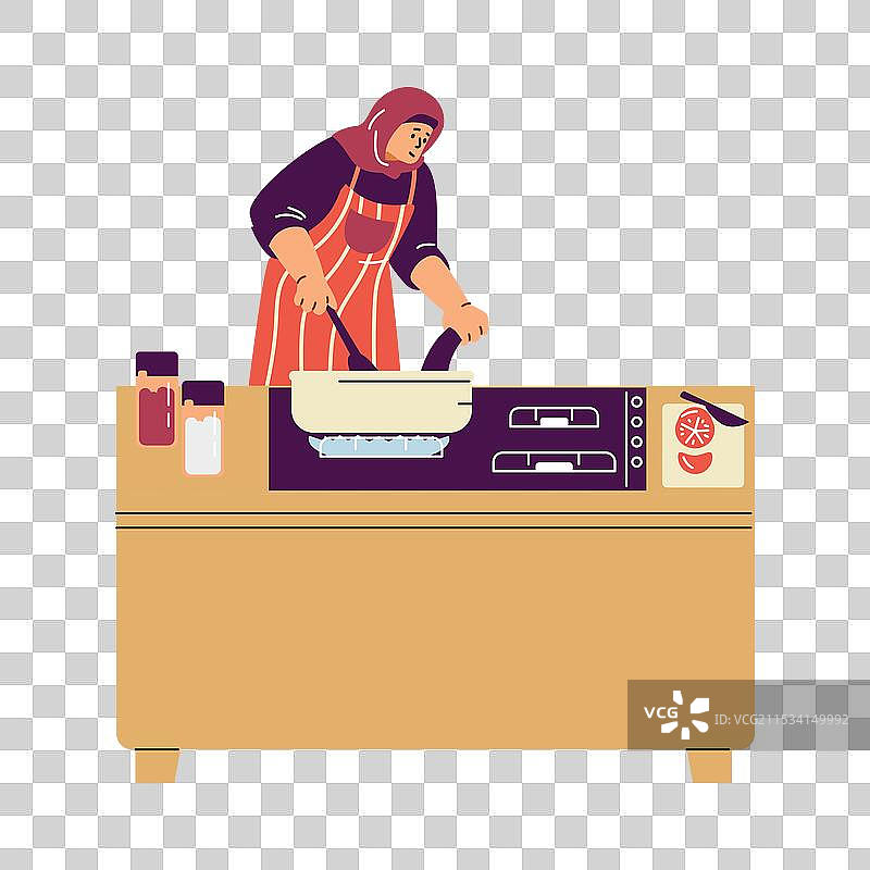 一位戴着头巾和围裙的穆斯林女性正在烹饪图片素材