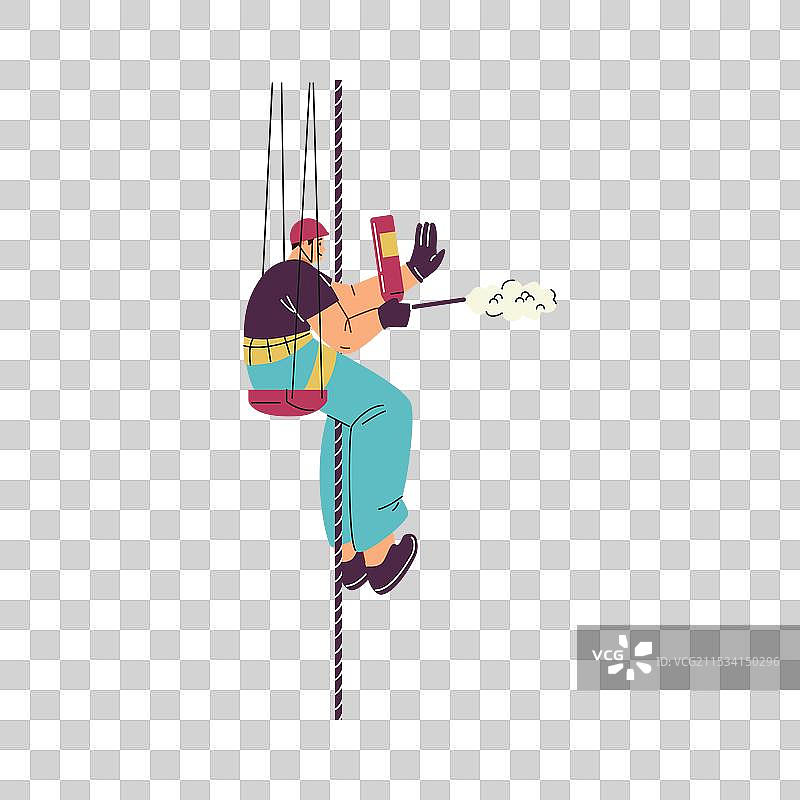 一名穿制服的男性角色悬挂在安全绳上图片素材