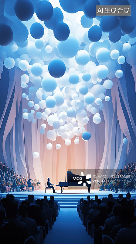 【AI数字艺术】未来主义音乐厅钢琴演奏平面插画图片素材