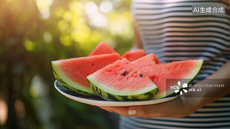 【AI数字艺术】夏天户外用餐聚会手捧一盘切好的西瓜图片素材