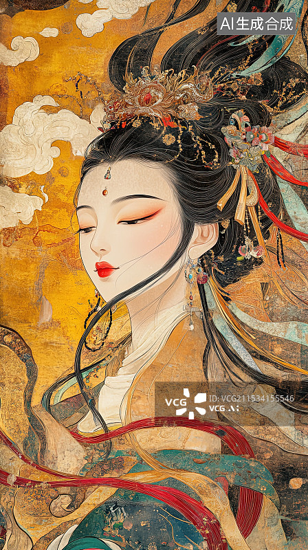 【AI数字艺术】中国唐代敦煌岩彩画风格飞天仕女插画图片素材