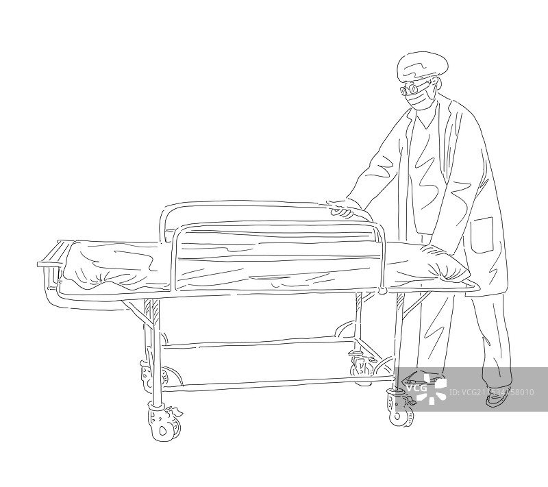 推着病床出诊的医生线条画图片素材