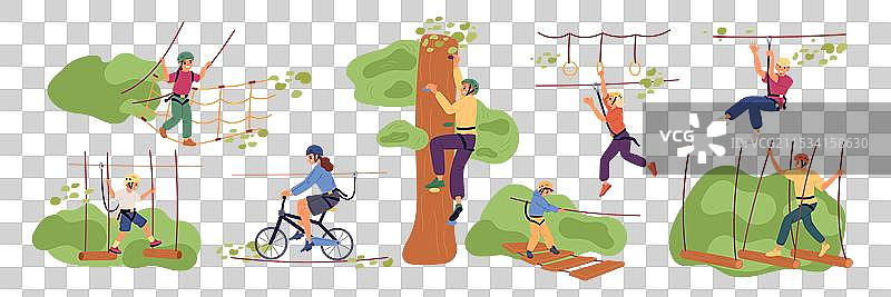 绳索公园的游客，活跃的家庭娱乐活动图片素材