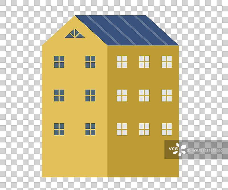 简单的黄色建筑，蓝色屋顶和多个窗户图片素材