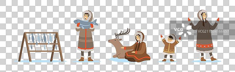 穿着传统服装的爱斯基摩人物生活场景图片素材