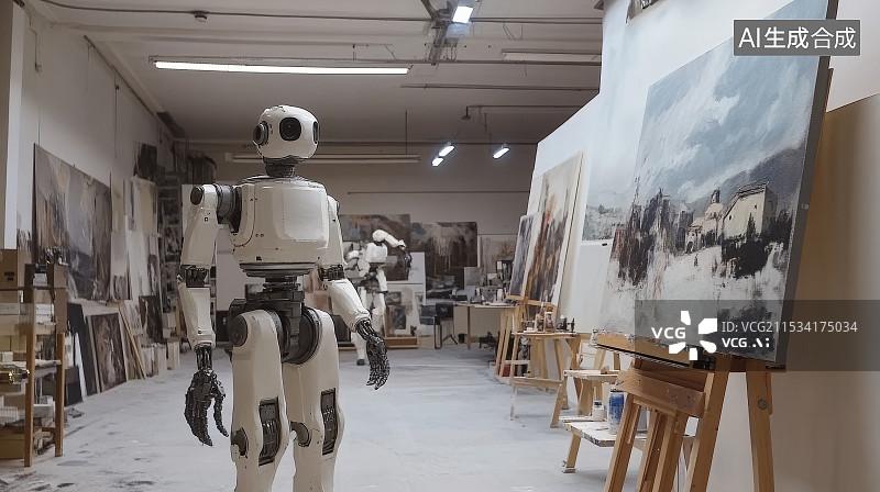 【AI数字艺术】机器人在画架上作画图片素材