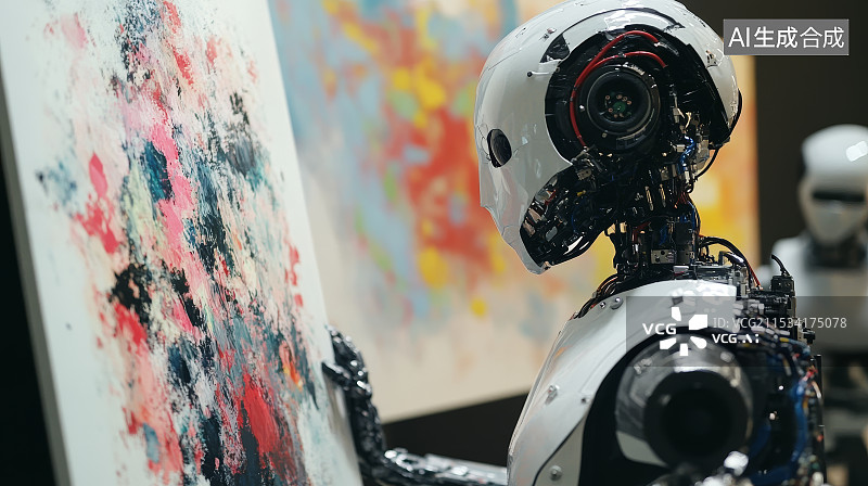 【AI数字艺术】机器人在画架上作画图片素材
