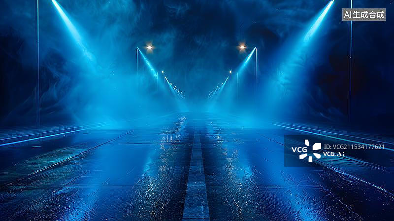 【AI数字艺术】雨后路灯下的潮湿路面图片素材