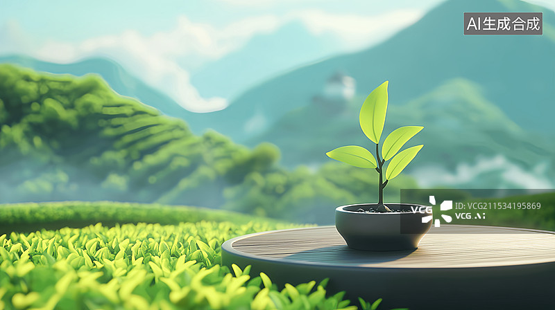 【AI数字艺术】春天明前茶电商产品展台微缩景观图片素材