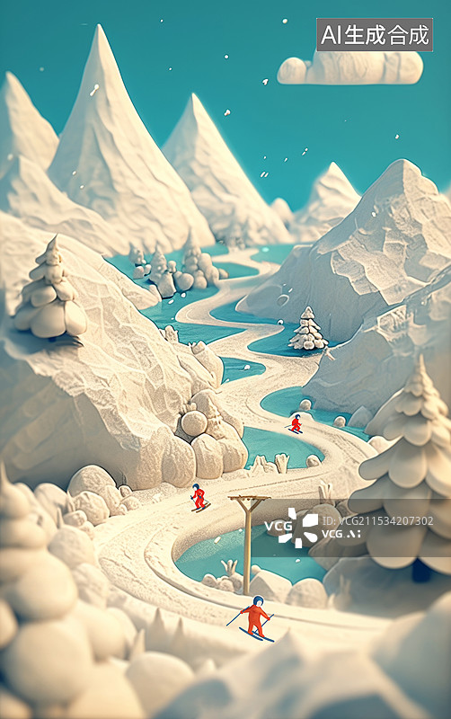 【AI数字艺术】粘土风格冬季滑雪插画图片素材
