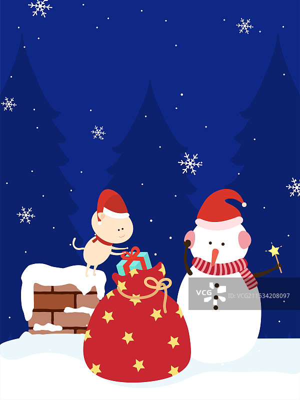 圣诞节矢量插画杉树森林白雪覆盖屋顶上雪人和小狗从红色星星袋里挑选礼物图片素材