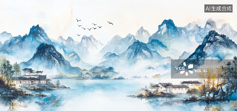 【AI数字艺术】一幅宁静的水墨画风格的山水画。画面中，远处是朦胧的山峦，山峦在薄雾中若隐若现，给人一种神秘而深远的感图片素材