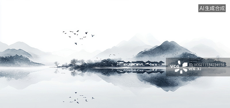 【AI数字艺术】一幅宁静的水墨画风格的山水画。画面中，远处是朦胧的山峦，山峦在薄雾中若隐若现，给人一种神秘而深远的感图片素材