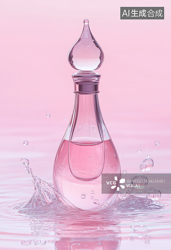 【AI数字艺术】粉色香水瓶与水滴图片素材
