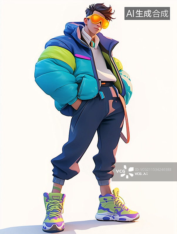 【AI数字艺术】冬季穿羽绒服的3D青年潮流时尚人物图片素材