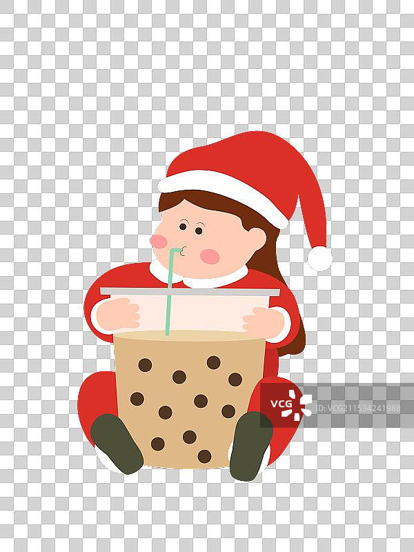 一个穿着圣诞服饰的小女孩在喝珍珠奶茶图片素材